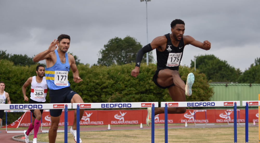 Athletes competing in the hurdles at the England Athletics Senior and Disability Championships
