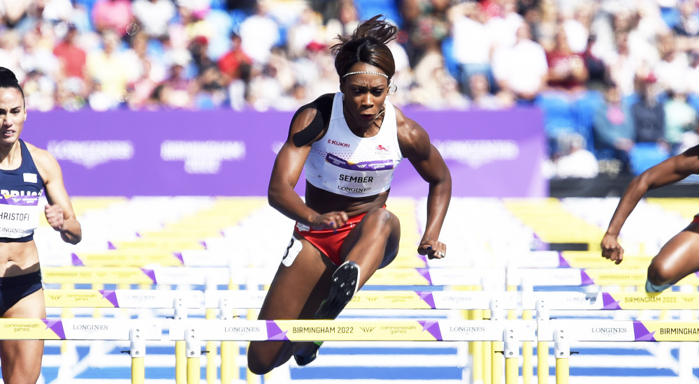 Cindy Sember competing in hurdles at the Commonwealth Games
