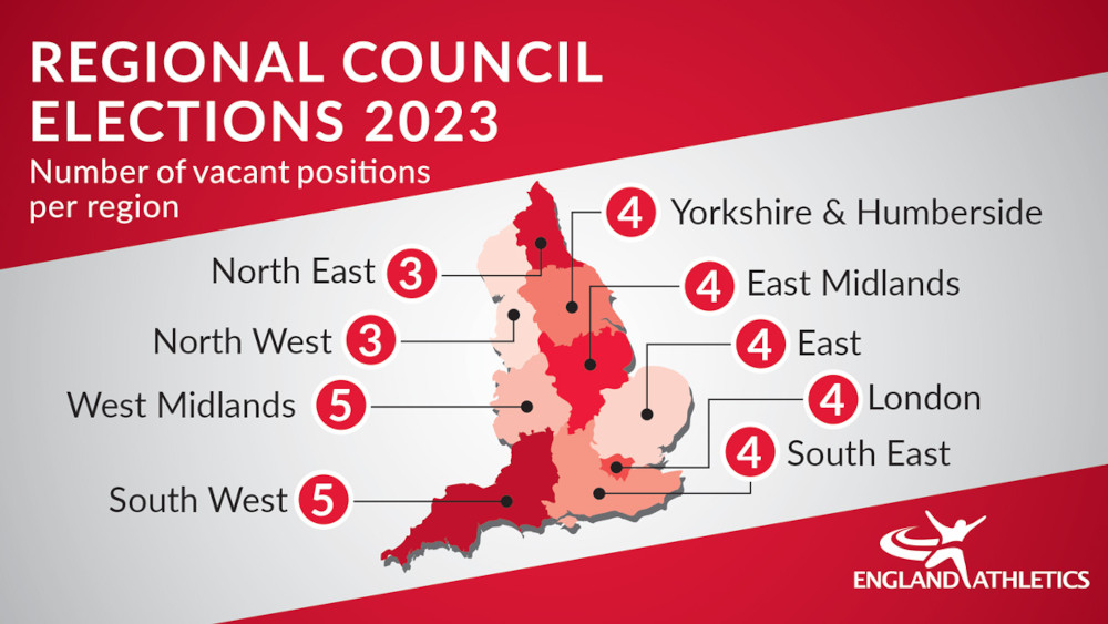 Regional Council Elections 2023. Map with number of vacant positions per region: North East (3), North West (3), West Midlands (5), South West (5), Yorkshire and Humberside (4), East Midlands (4), East (4), London (4), South East (4)