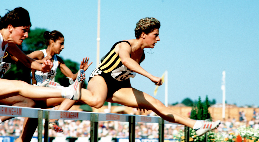 Birmingham, circa 1988. Sally Gunnell, winner of the women's 100m hurdles. Photograph by Mark Shearman